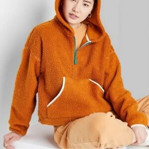 Wild Fable Cabincore Mustard Hooded Women’s Sherpa Pull On Sweater 1/2 zip up L